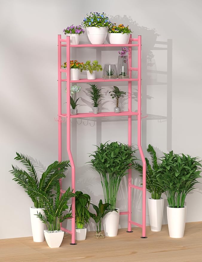 3-Tier Over The Toilet Storage, Freestanding Metal Bathroom Shelves with 4 Hooks, Over Toilet Storage Shelf with Paper Holder, Above The Toilet Shelf for Bathroom Storage, Pink