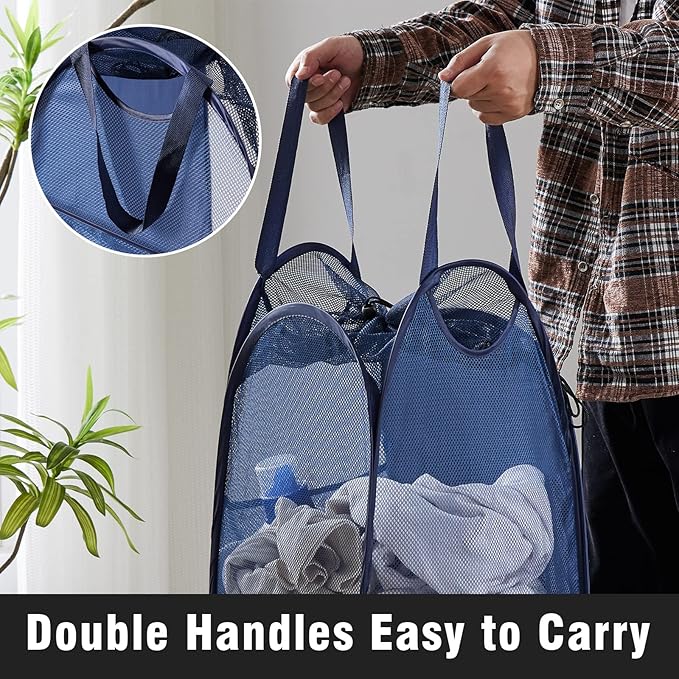 TECHMILLY Collapsible Mesh Pop Up Laundry Hamper with Sturdy Handles and Side Pocket - Portable Foldable Clothes Baskets for Dorm, Bathroom & Travel Storage (with Drawstring, Blue)