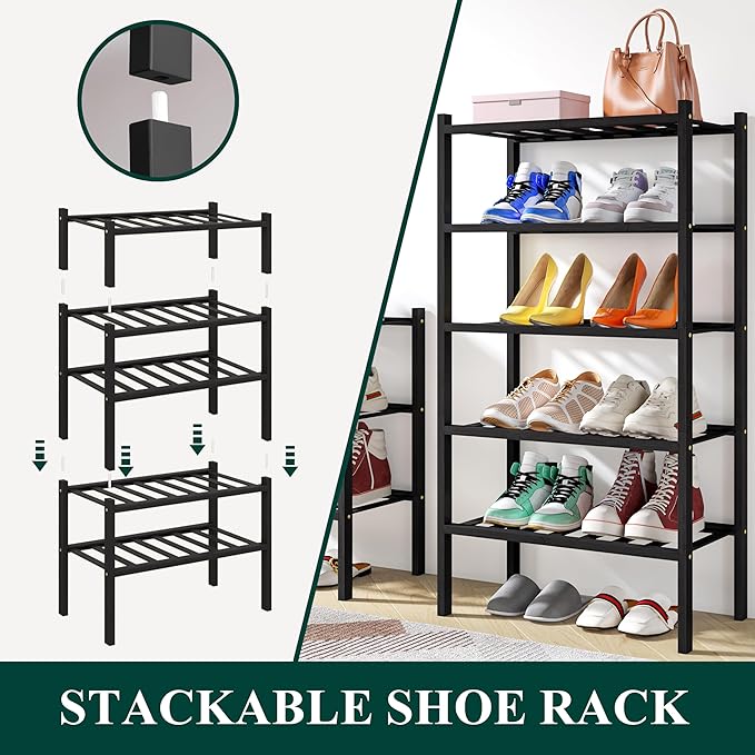 Smiry Shoe Rack, 2 Tier Small Bamboo Shoe Organizer, Stackable Free Standing Wooden Shoe Storage Shelf for Closet, Entryway, Front Door Entrance, Black