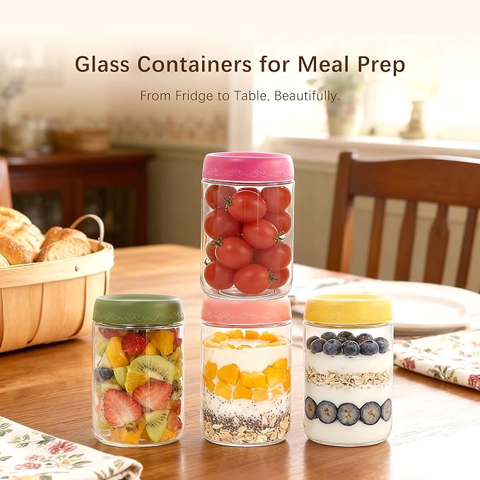 18 OZ 8 Pack Overnight Oats Jars with Airtight Lids and Jar Sleeve, Glass Containers for Meal Prep, Leak-Proof Food Storage Jars for Yogurt, Pudding & Healthy Breakfast (18oz-8 Pack)