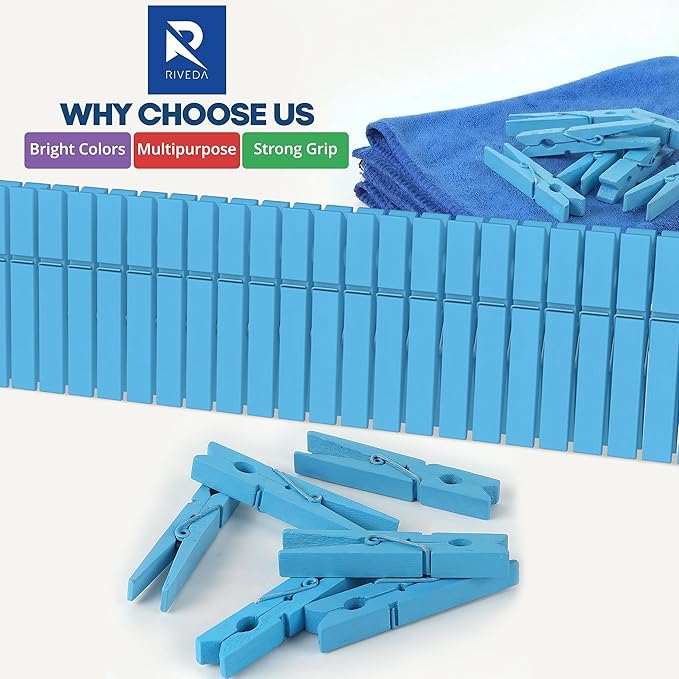 RIVEDA 50pcs Colored Wooden Clothes Pins, 2.9inch, Clothespins for Classroom, Clip Hanging Photos, DIY Clips for Crafts, Decorations (Light Blue)