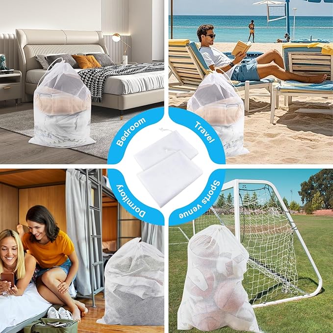 2 Pack Large Mesh Laundry Bags, 24" x 36" Heavy Duty Strong Drawstring Dirty Clothes Bags with Soft Breathable Net, Machine Washable Laundry Bag for College, Dorm, Camp, Travel and Family Use(White)