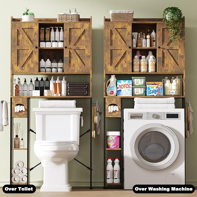 EasyCom Over The Toilet Storage Cabinet with Metal Frame and 7 Storage Shelves, Bathroom Organizer with Adjustable Shelves and Paper Holder, Farmhouse Storage Cabinet for Bathroom,Laundry,Rustic Brown