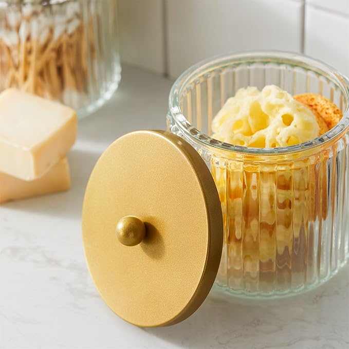 KMwares Matte Gold Set of 2 Glass Qtip Holder Dispenser Set for Cotton Ball, Swab, Round Pads, Floss Picks - Bathroom Canister Storage Organization and Vanity Makeup Organizer
