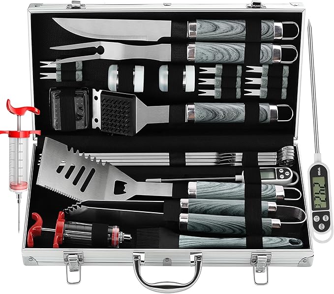Grilljoy 24PCS BBQ Grill Tools Set with Meat Thermometer and Injector - Extra Thick Stainless Steel Fork, Spatula& Tongs - Complete BBQ Accessories in Aluminum Case - Perfect Grill Gifts for Men