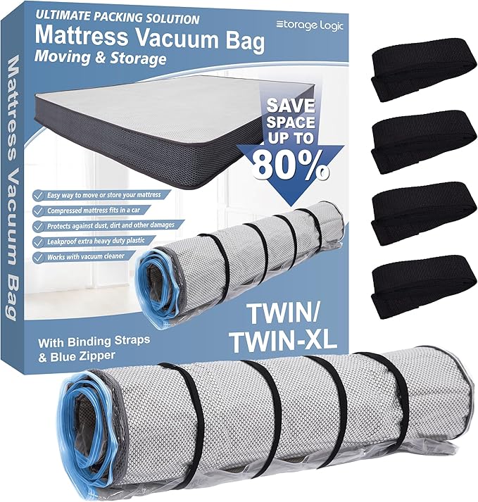 Storage Logic Twin/Twin-XL Foam Mattress Vacuum Bag with Blue Zipper, Vacuum Seal Mattress Bag, Straps Included