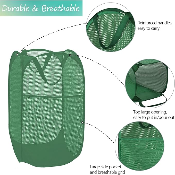 BATTOO Deluxe Strong Mesh Pop up Laundry Hamper Basket with Side Pocket for Laundry Room, Bathroom, Kids Room, College Dorm or Travel Green