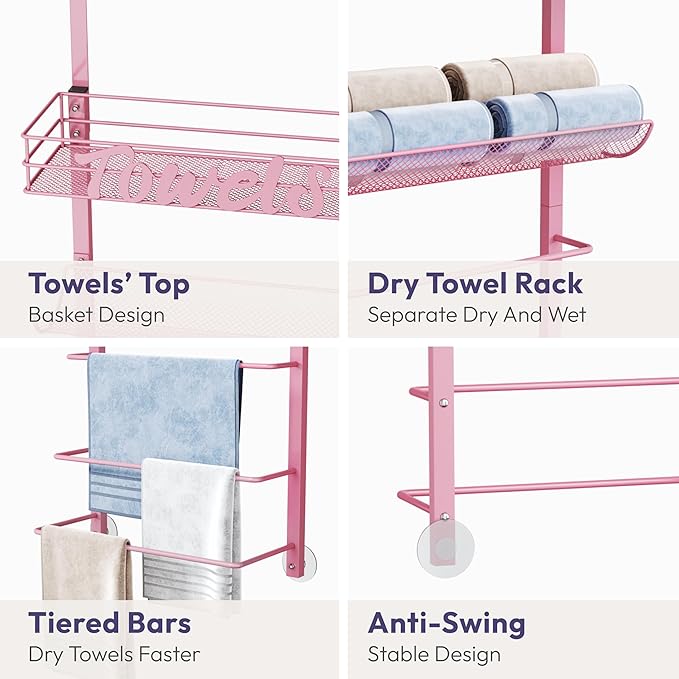 SWTYMIKI SWTYMIKI Over The Door Towel Racks for Bathroom - 5-Tier Wall Mounted Bathroom Towel Storage Organizer Holder with Metal Shelf, Pink