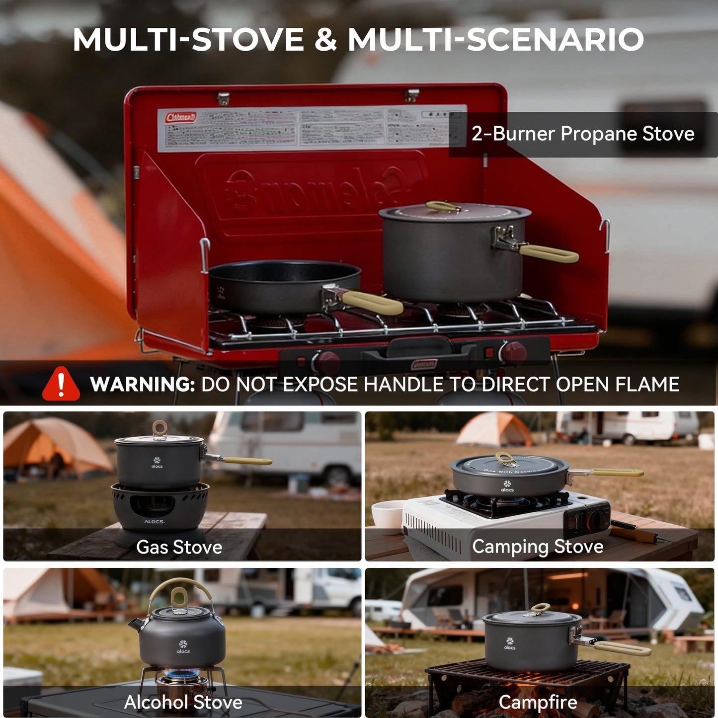 ALOCS Camping Cookware Portable Non-Stick Mess Kit with Foldable Handle