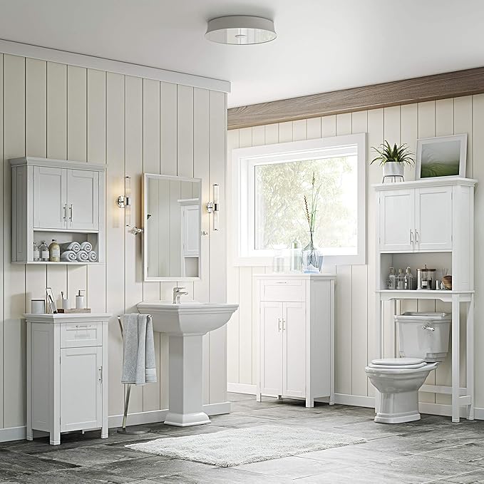 RiverRidge Somerset Two-Door Bathroom and Laundry Wall Mount Storage Medicine Cabinet with Open and Adjustable Shelf - White | Two-Door, Wall Mount, Storage, Open, Adjustable Shelf