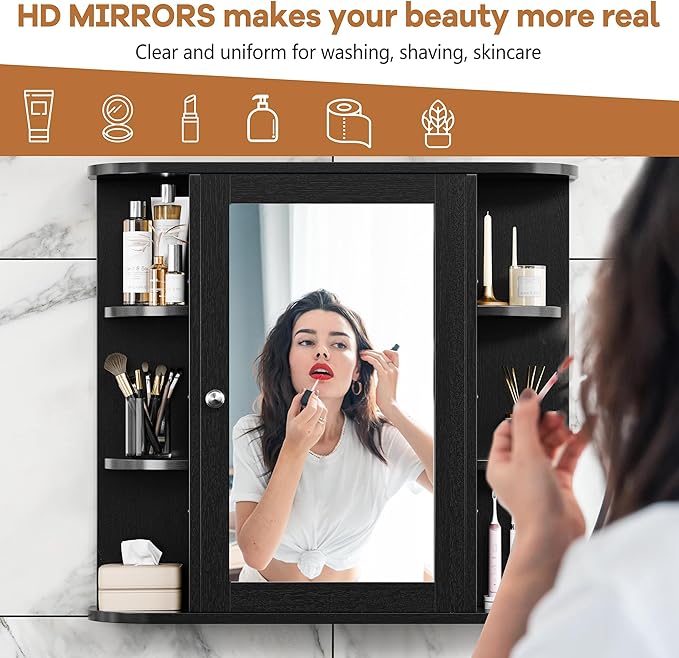 Meilocar Bathroom Mirror Cabinet Wall Mounted, Bathroom Medicine Cabinet with Mirror and 6 Open Shelves, Modern Wall Cabinet, Black
