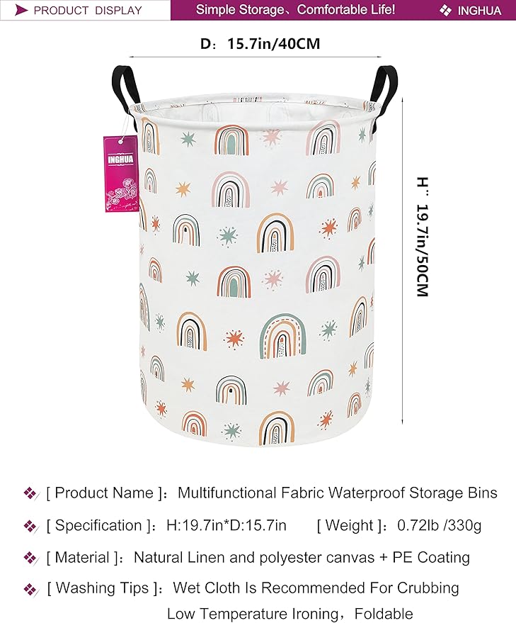 Laundry Hamper Large Canvas Fabric Lightweight Storage Basket/Toy Organizer/Dirty Clothes Collapsible Waterproof for College Dorms, Boys and Girls Bedroom,Bathroom(Star Rainbow)