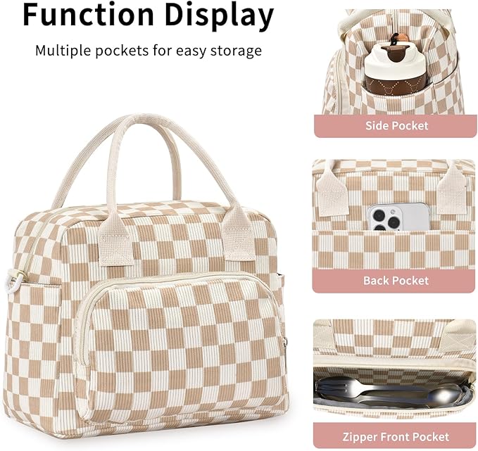 Lunch Bag Women Lunch Box for Women Adult Cute Insulated Lunch Bag Lager Cooler Lunch Tote Bags for Work Picnic (Beige-Brown Plaid)