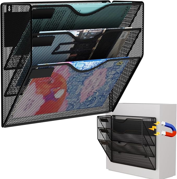 3-Tier Magnetic File Holder, No Drilling Wall File Organizer, File Folder Bins, Mail & Magazine Rack, Magnetic Paper Document Holder for Refrigerator File Cabinets Whiteboard, Black