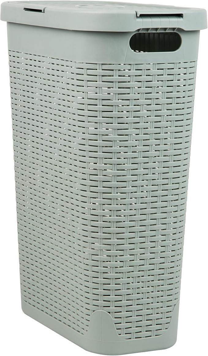 Mind Reader Slim Laundry Hamper with Lid, 40L Clothes Basket, Premium Wicker Design, Plastic, Mint