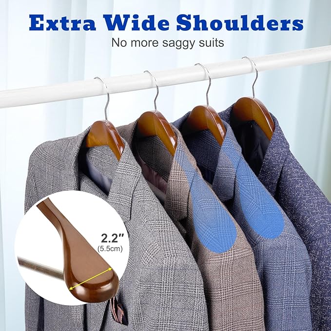 HOUSE DAY Wide Shoulder Wooden Hangers 12 Pack, Wood Suit Hangers for Men with Non Slip Pants Bar, Smooth Finish Solid Wood Coat Hanger for Jacket, Pants, Dress, Heavy Clothes Hanger (Walnut)