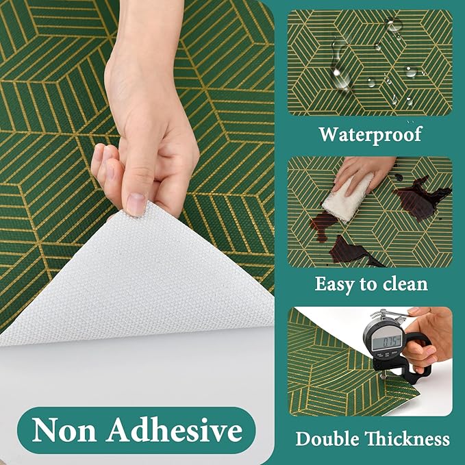 Shelf Liners for Kitchen Cabinets 17.5in x 20FT, Non Adhesive Cabinet Liner Strong Non-Slip Thickened Gold Green Geometric Drawer Liner, Easy to Clean for Shelf, Cabinet with Knife and Tape Measure