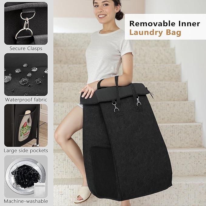 150L Laundry Basket with Wheels, Double Rolling Laundry Hamper with Metal Frame and Removable Bag, Dirty Clothes Hampers for Bedroom, Bathroom, Dorm Room, Black