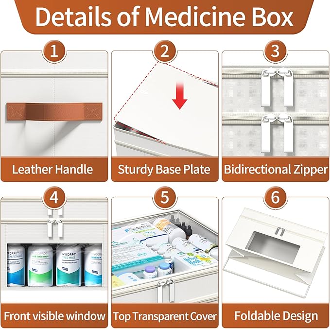 Medicine Organizer for Cabinet, 2-Tier Foldable Medicine Storage Box with Clear Cover and Leather Handle, Empty First Aid Kit for Home and Travel
