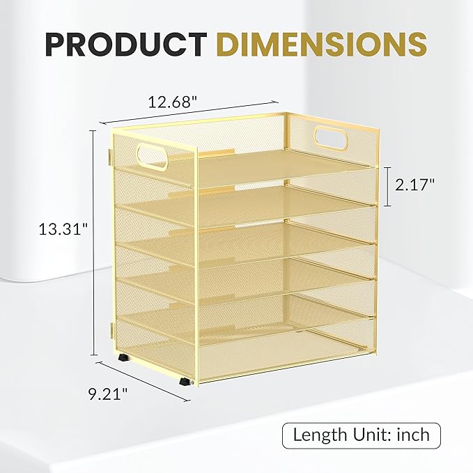 Daltack 6 Tier Paper Organizer for Desk, Paper Letter Tray Organizer for Desks, Mesh Desk File Organizers with Handle for Office, Home, School, Gold