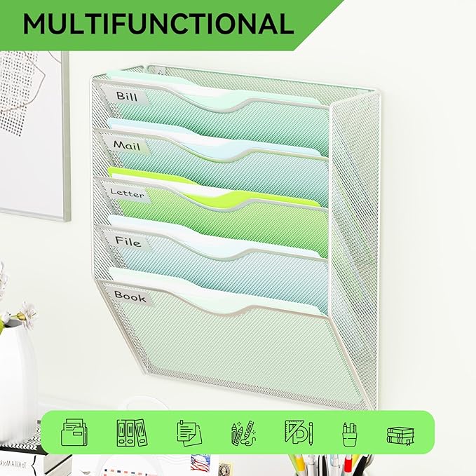 5 Pockets Hanging Wall File Organizer Mail Holder, Wall Mounted Paper Document Folder Holder, Clipboard Storage Organization Magazine Rack, Silver