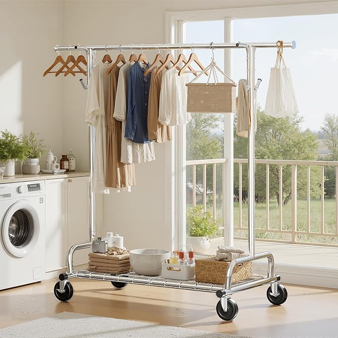 Raybee Heavy Duty Clothes Rack Load 485LBS, 74''W Clothing Rack with Mesh Shelf, Rolling Garment Rack with Adjustable Rail & Lockable Wheels for Bedroom, Laundry Room,Commercial