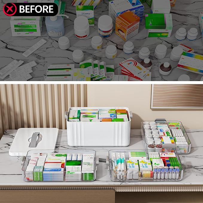 4-Tier Medicine Organizer - Portable Medicine Cabinet with Plastic Handle, Multipurpose Medical Box, Empty First Aid Kit for Home