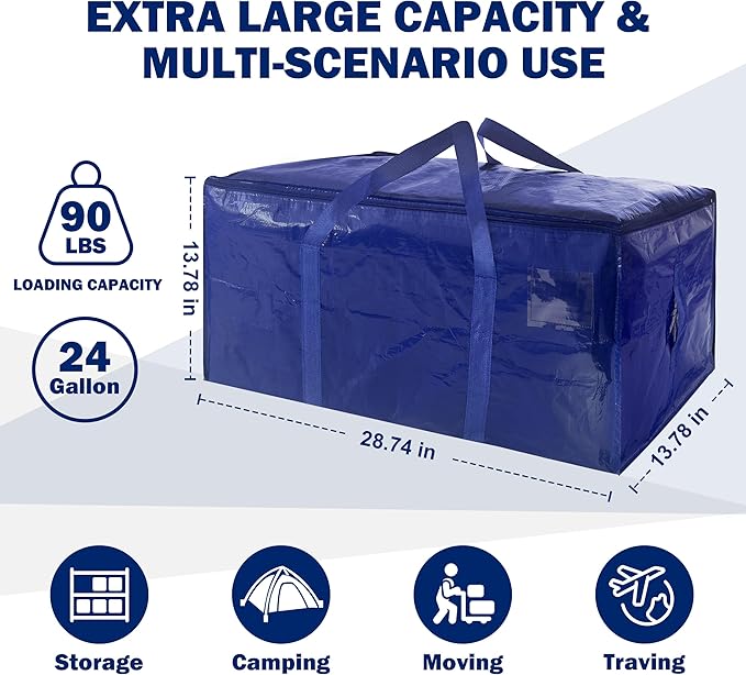 8 Pack Extra Heavy Duty Large Moving Bags with Strong Zipper & Carrying Handles, Sturdy Clothes Storage Bags Totes Bins, Packing Bag Move Boxes College Moving Supplies, Dark Blue - 24 gal