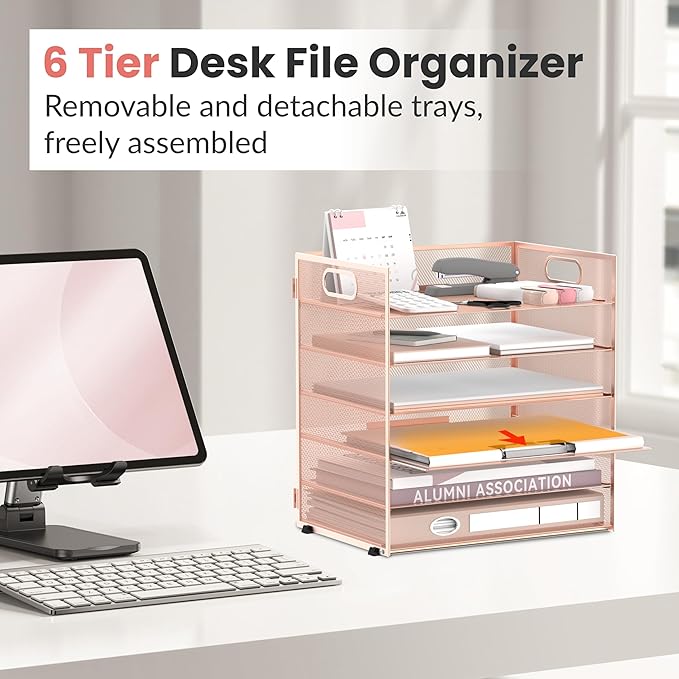 Daltack 6 Tier Paper Organizer for Desk, Paper Letter Tray Organizer for Desks, Mesh Desk File Organizers with Handle for Office, Home, School, Rose Gold