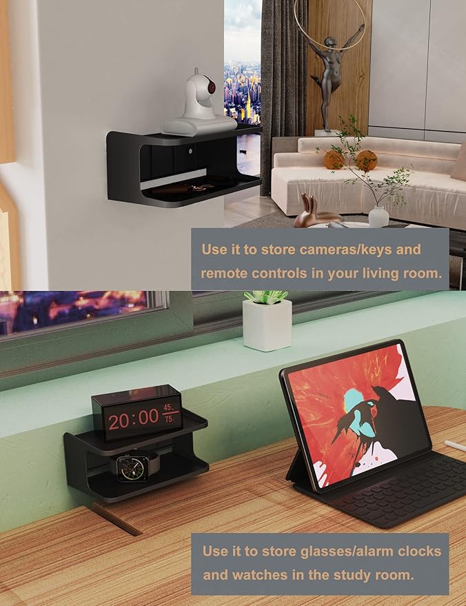 Bedside Wall Shelf Organizer Small Bedside Shelf Wall Mount for Bed Universal Stick on Wall Shelf Double Tray Holder for Storing Cellphone, Glasses, Keys, Camera, Alarm Clock (Black)