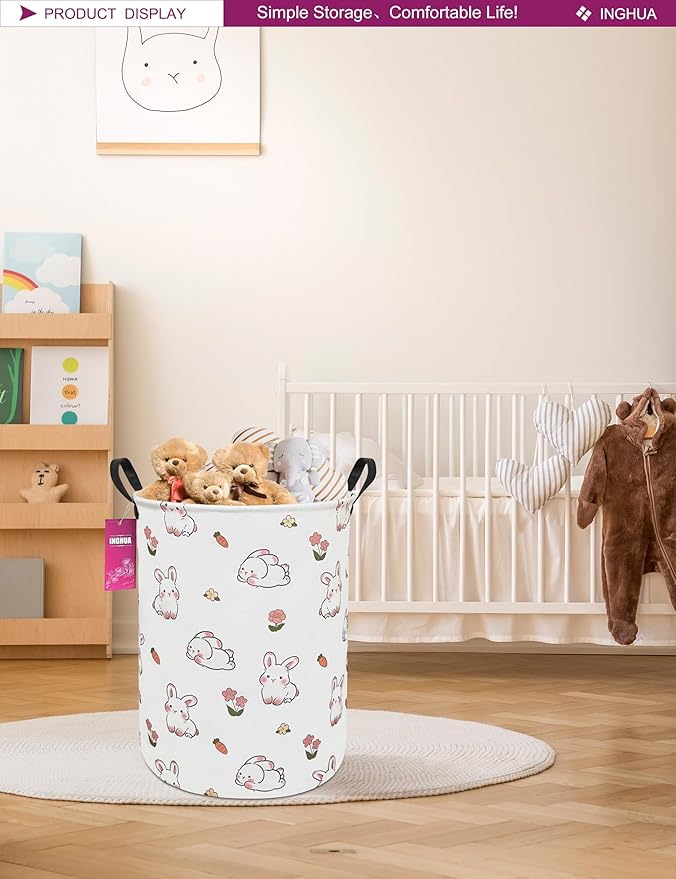 Laundry Hamper Large Canvas Fabric Lightweight Storage Basket/Toy Organizer/Dirty Clothes Collapsible Waterproof for College Dorms, Boys and Girls Bedroom,Bathroom(rabbit)