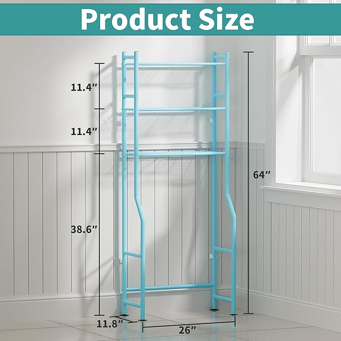 3-Tier Over The Toilet Storage with Paper Holder, Metal Bathroom Organizers and Storage for Small Space, Freestanding Bathroom Shelves with 4 Hooks, Above The Toilet Storage Shelf (Blue)