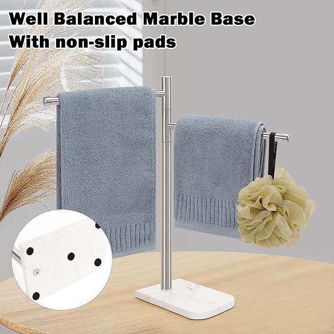 Standing Hand Towel Holder, Hand Towel Stand with Marble Base, 304 Stainless Steel Towel Rack with 2 Swivel Arm, Countertop Stand Towel Ring Towel Bar for Bathroom (Brushed Nickel