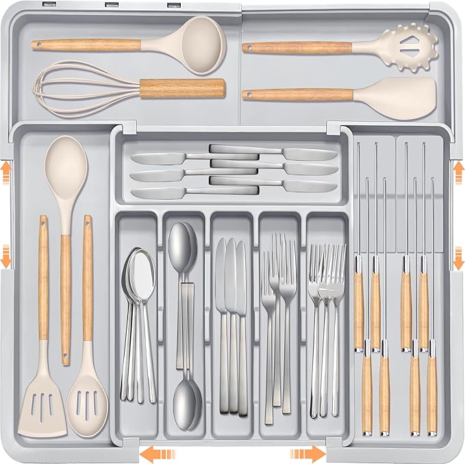 Homecor Silverware Organizer - Expandable Large Kitchen Drawer Organizer Utensil Organizer with 2 Knife Block Inserts, 22"x 19"Cutlery Tray with Drawer Dividers for Kitchen Flatware (Turquoise)