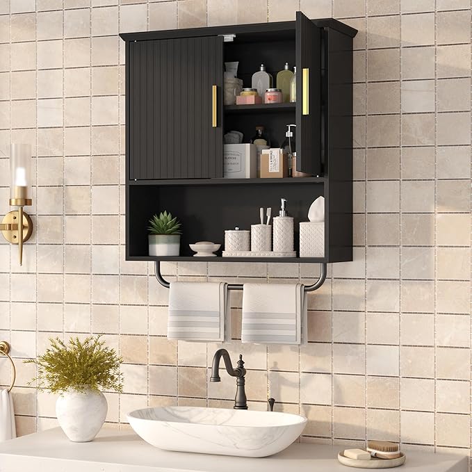 Bathroom Wall Cabinet with Towel Bar, 2 Doors & Adjustable Shelves - Space Saving Wood Wall Mounted Medicine Cabinet Storage Organizer for Bathroom, Laundry, Kitchen, Living Room (Black)