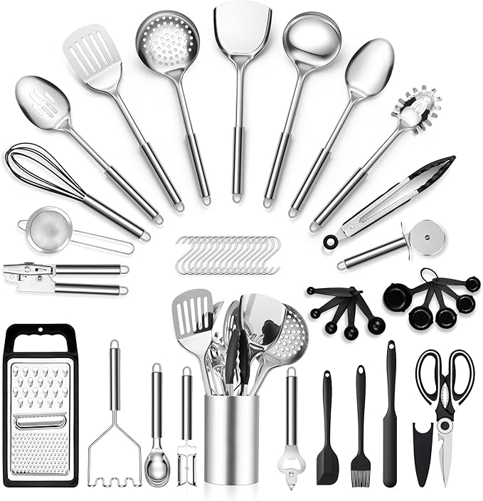 E-far Stainless Steel Kitchen Cooking Utensils Set, 10-Piece with Holder