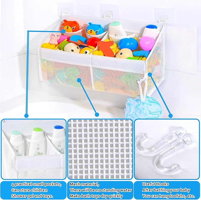 KPH Corner Bath Toy Organizer - Space-Saving 2-Compartment Bath Toy Storage, Mesh Bathroom Toy Holder for Kids, Durable Bathtub Organizer with Drain Holes