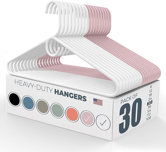 Neaties Heavy Duty Clothes Hangers 30 Pack – Made in The USA – 8lb Capacity Plastic Hangers for Adult Clothing – Durable for Pants, Coats, Jackets, or Jeans – White & Pink