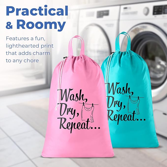 Extra Large Travel Laundry Bag - 2-Pack Fun Print Design Bags for Dirty Clothes - Durable Water-Resistant Fabric - Sturdy Drawstring Closure (Pink-Teal | Wash Dry Repeat)