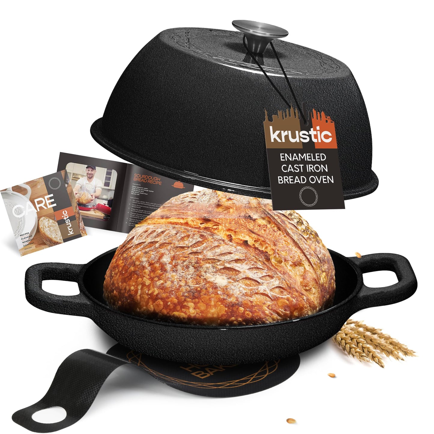 Krustic Enameled Cast Iron Dutch Oven for Sourdough Bread Baking | 6 Quart Round Pot with Lid | 10 Inch Ceramic Enamel Thick Coated Cookware Set with Non Stick Silicone Baking Mat for Cooking | 6 Qt | Red