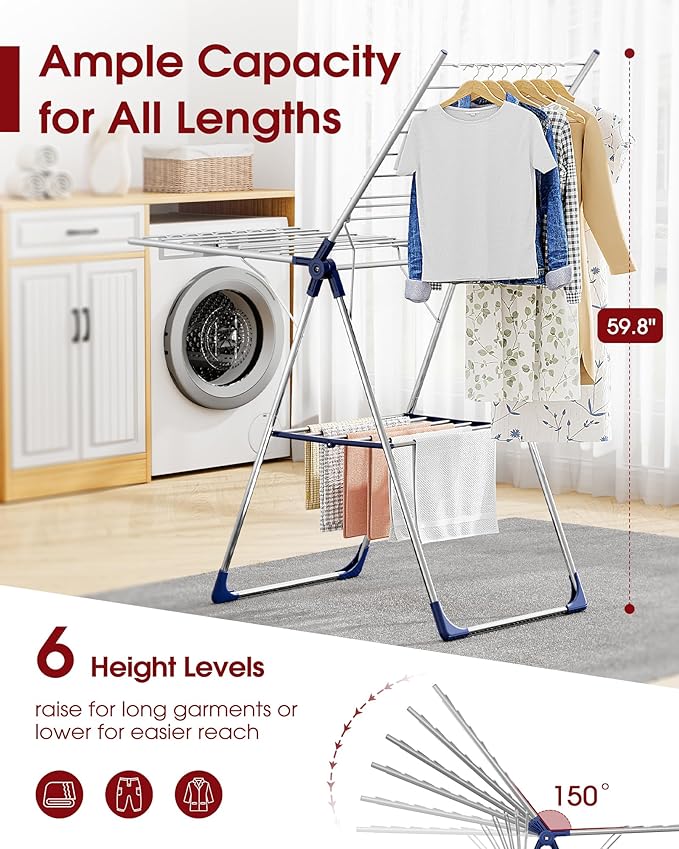 Clothes Drying Rack with Height-Adjustable Wings, Metal Foldable Laundry Dryer Stand for Clothing & Bedding, Free-Standing Collapsible for Indoor & Outdoor Use, 55.5" L × 22.8" W, Silver Blue