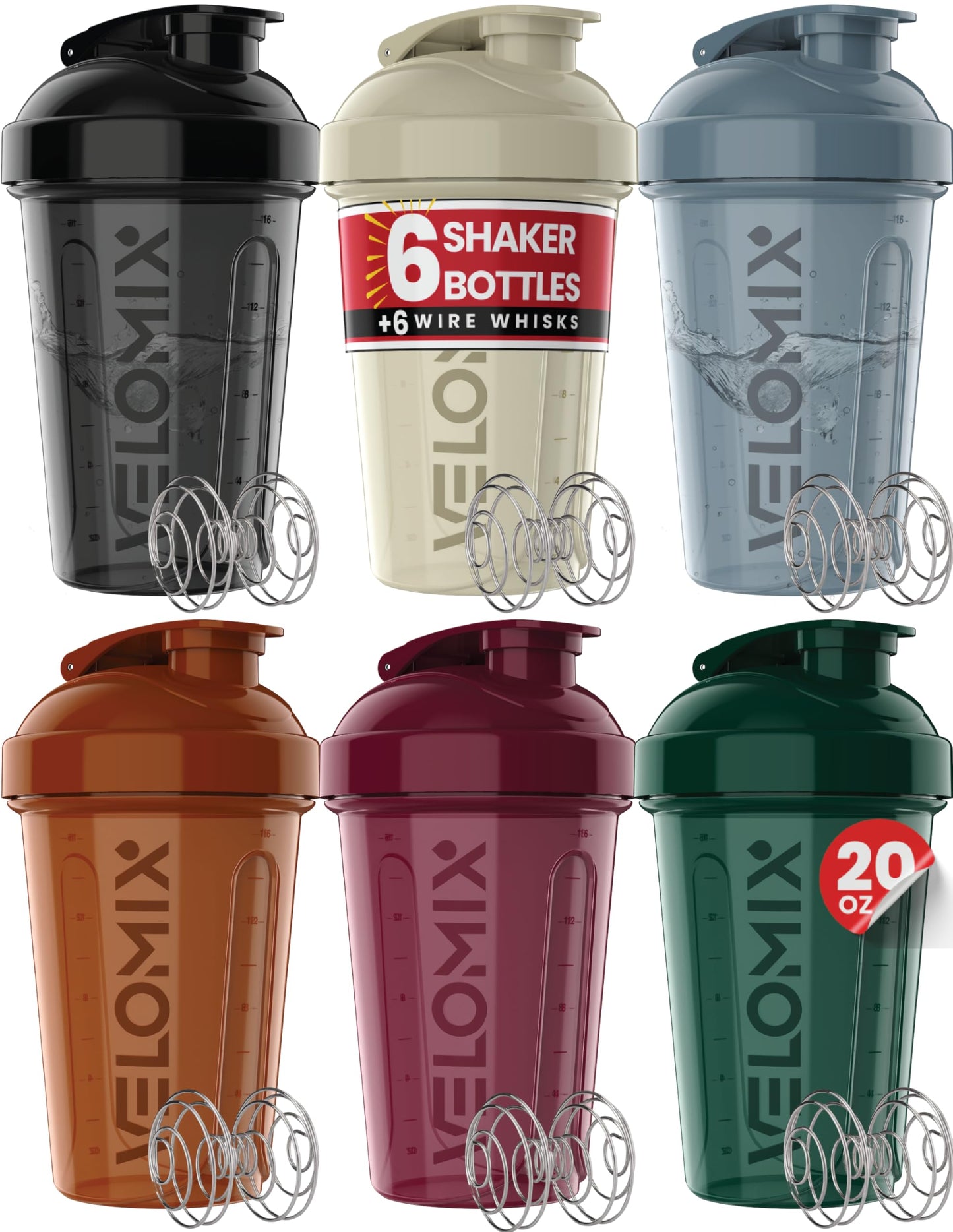 VELOMIX 6 Pack 20oz Protein Shaker Bottle for Protein Mixes, Muted Contrast