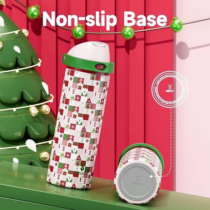 24 oz Insulated Water Bottle for Christmas: Meoky Stainless Steel Xmas Water Bottle with 2-in-1 Straw and Spout Lid - Leak Proof, Fits in Car Cup Holder, Christmas Gifts for Women Men, Santa Wishes
