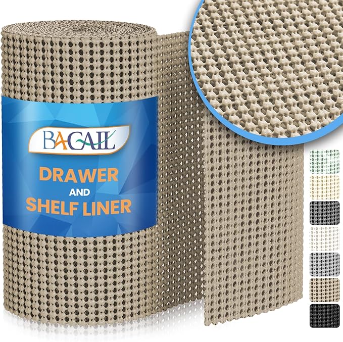 BAGAIL Drawer and Shelf Liner, 12 in X 30 Ft Non-Adhesive Shelf Liners for Kitchen Cabinets, Thick Strong Grip Liners for Desk, Shelves, Bathroom Drawers, Cabinet Protection - Beige