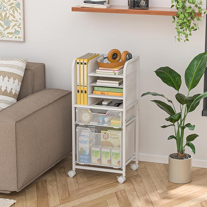 Rolling File Cart with 2 Drawers, White File Cabinet Organizer for Hanging File Folders, Letter-Size File Storage with Wheels, Multi-Layer Mobile Filing Cabinet for Office and Home, White