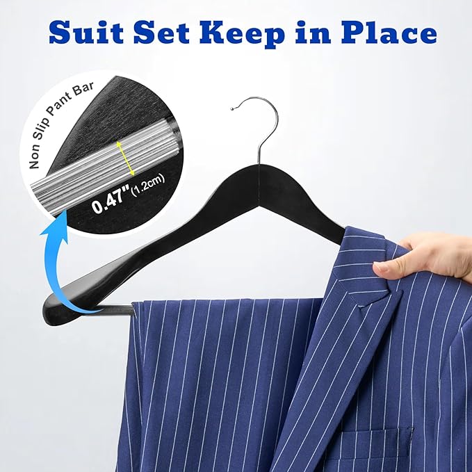 HOUSE DAY Wide Shoulder Wooden Hangers 12 Pack, Wood Suit Hangers for Men with Non Slip Pants Bar, Smooth Finish Solid Wood Coat Hangers for Jacket, Pants, Dress, Heavy Clothes Hangers (Black)