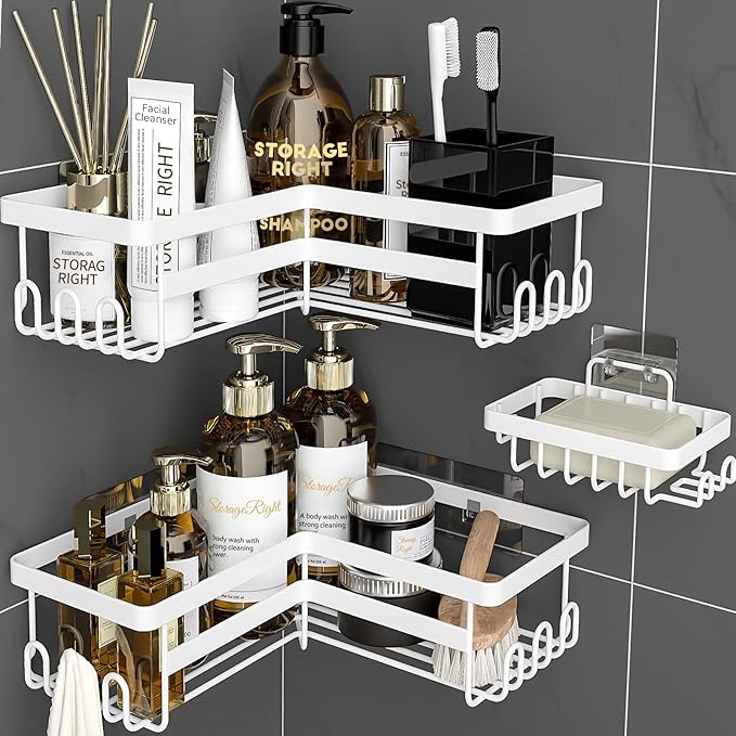 StorageRight Corner Shower Caddy, 3 Pack Adhesive Bathroom Accessories with Soap Holder, Storage Stainless Shower Organizer Shelf with Hooks, No Drilling Shower Shelves for Bathroom(White, Large)