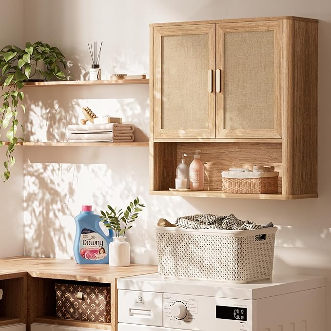 Rattan Bathroom Wall Cabinet with Open Compartments, Wall-Mounted Medicine Cabinet with Adjustable Wood Shelf & Doors, Over The Toilet Storage Cabinet for Laundry Room & Kitchen & Living Room