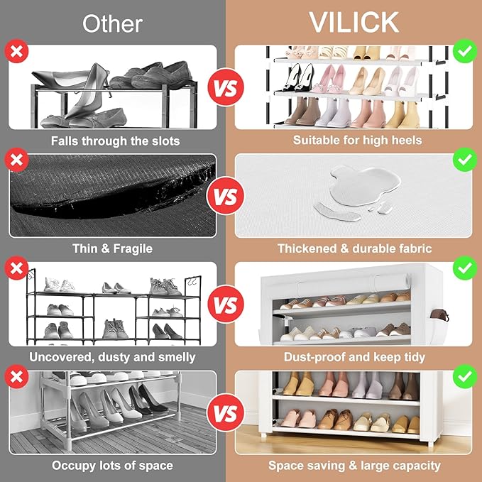 Shoe Rack with Cover Narrow Shoe Organizer with Pockets 10 Tier Tall Shoe Storage Holds 36-41 Pairs Shoes and Boots Shoe Rack for Closet Entryway Garage, White