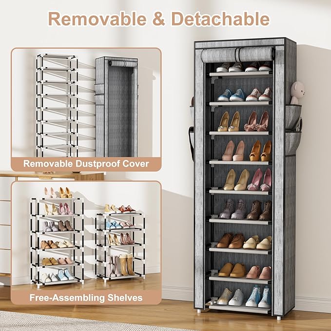 Shoe Rack with Cover Narrow Shoe Rack Organizer with 4 Side Pockets 10 Tier Tall Shoe Storage Shoe Shelf Holds 18-22 Pairs Shoes and Boots Shoe Rack for Closet, Printing